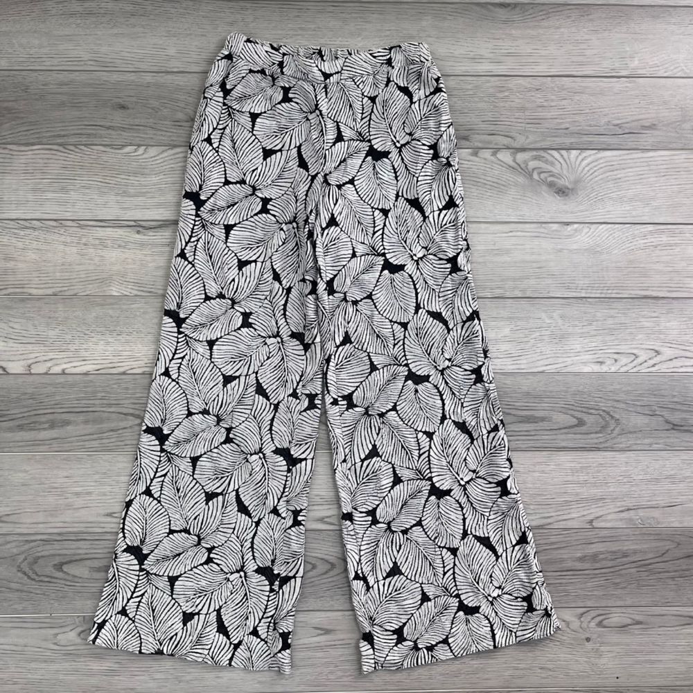 Elevenses Women Size XS Black Gray Novelty Leaf Wide Leg Linen Palazzo Pant Boho